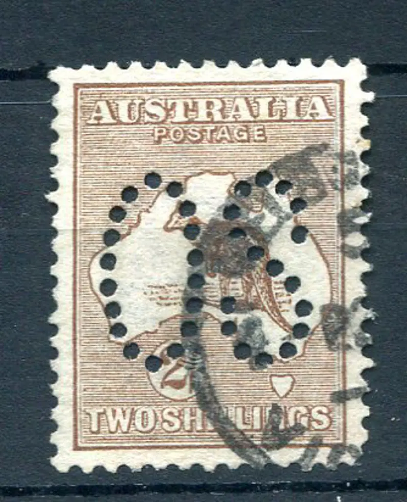 1913 2/- brown, 1st wmk perfined large "OS". Good ... Image 1++