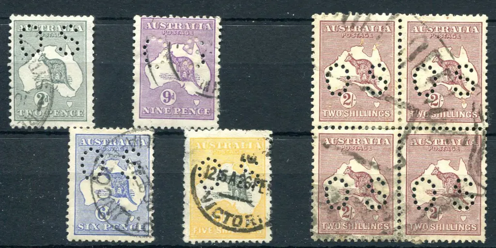 1915 2d, 6d, 9d & 5/- 2nd wmk perfined small "OS" ... Image 1++