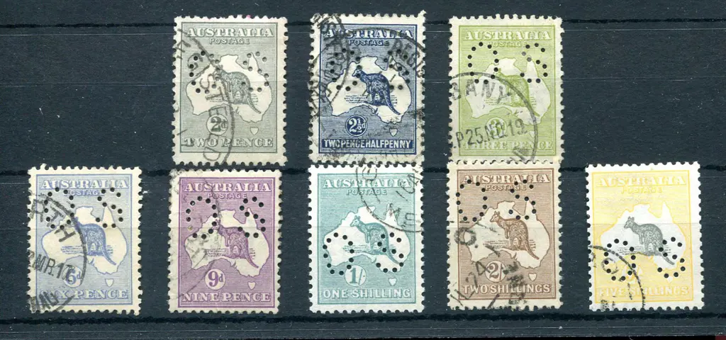 1915/28 2d to 5/- kangaroos, 3rd wmk perfined ... Image 1++
