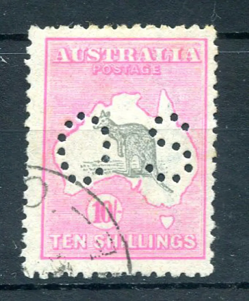 1915/28 10/- grey & pink perfined small "OS". CTO, ... Image 1++