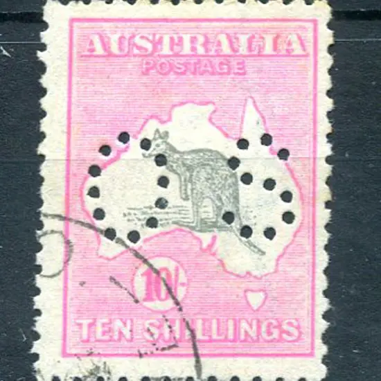 1915/28 10/- grey & pink perfined small "OS". CTO, ...