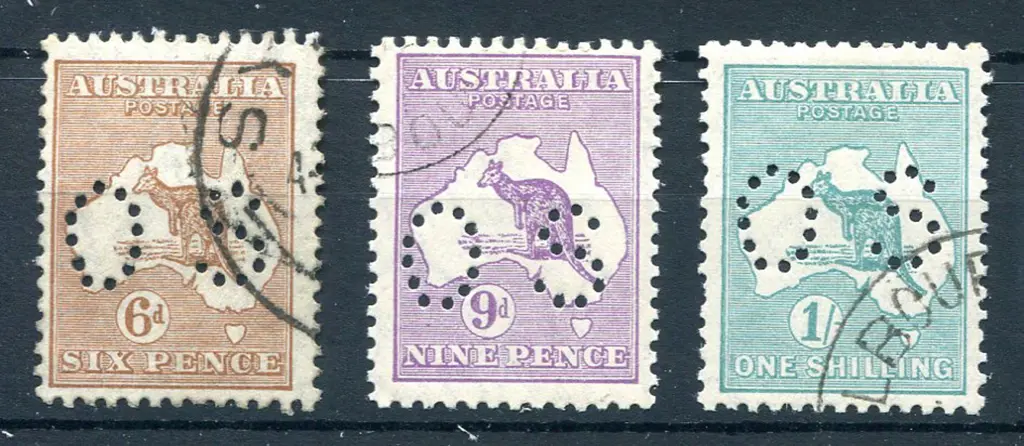 1929/30 6d chestnut, 9d violet & 1/- blue-green, ... Image 1++