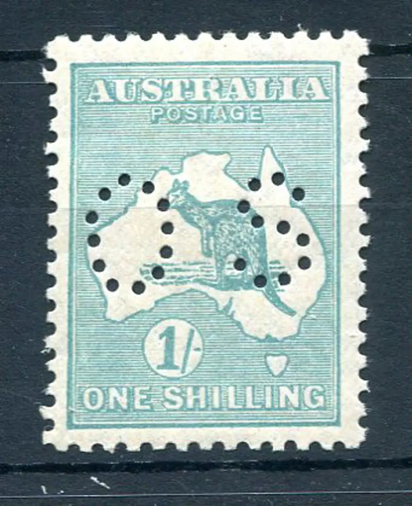 1929/30 1/- blue-green, SMW perfined small "OS". ... Image 1++