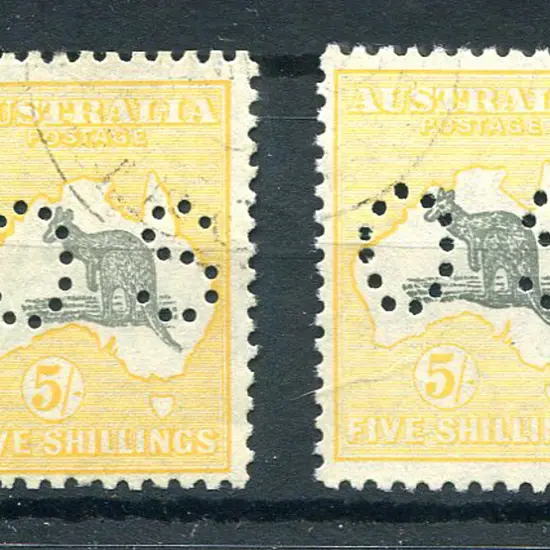 1930 5/- grey & yellow-orange, SMW pair perfined ...