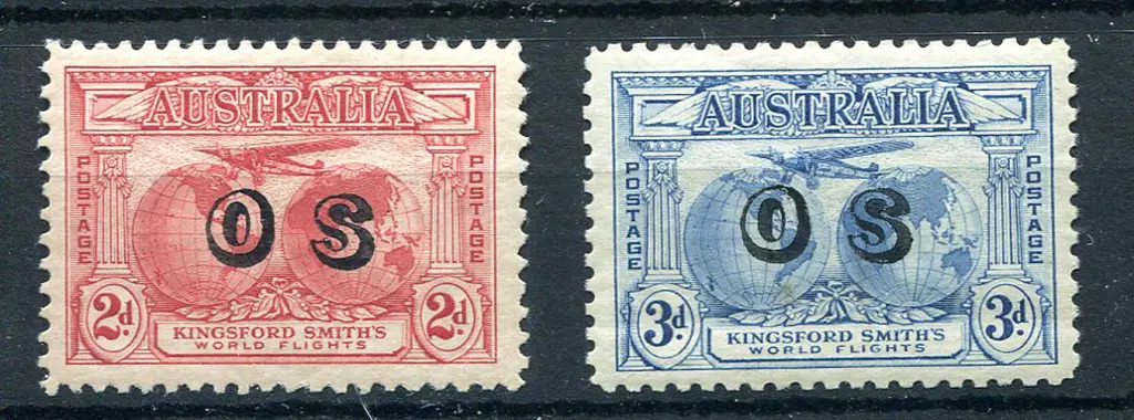 1931 2d & 3d Kingsford Smith ovptd "OS" pair. They ... Image 1++