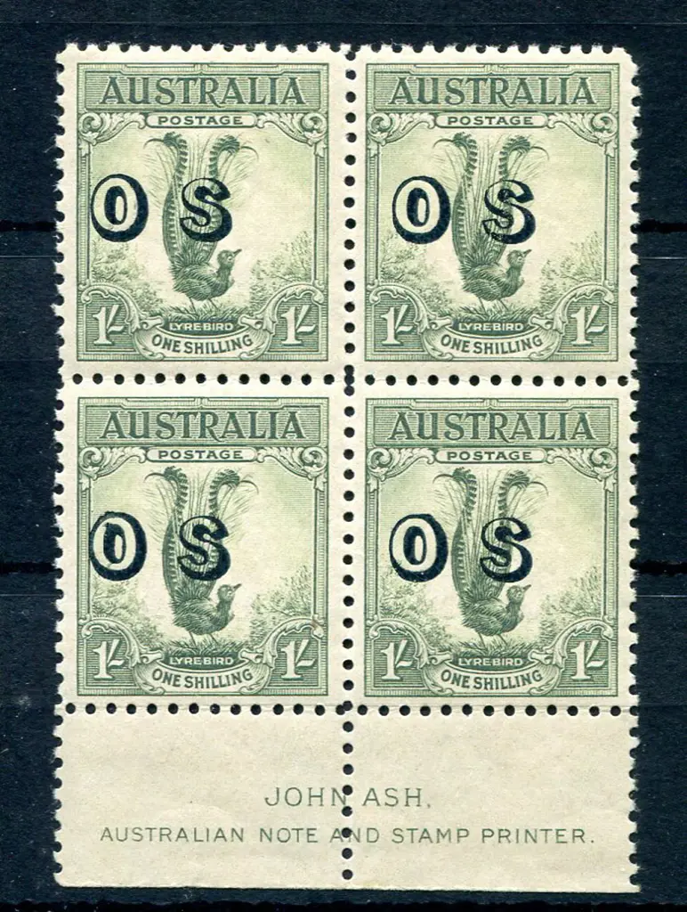 1932 1/- lyrebird John Ash imprint block of 4 ... Image 1++