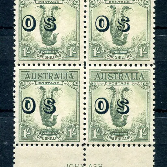 1932 1/- lyrebird John Ash imprint block of 4 ...
