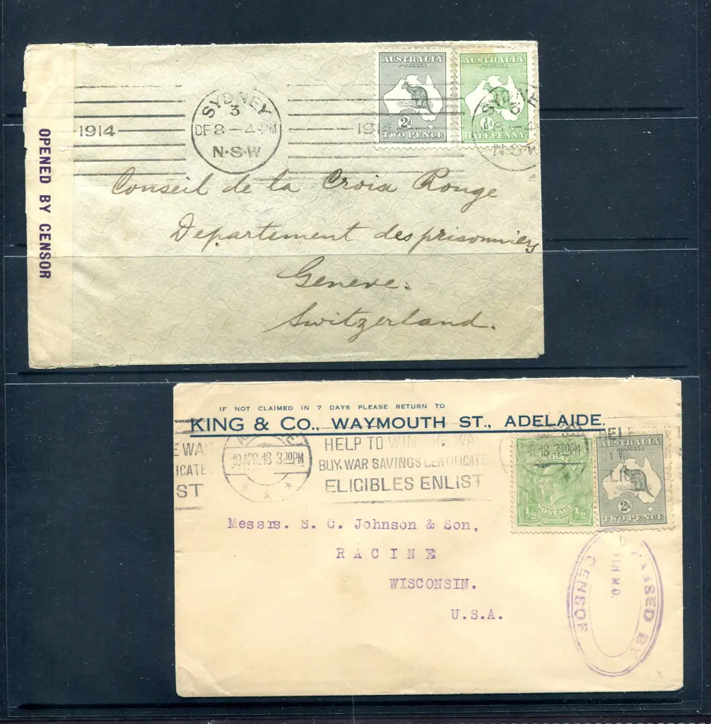 1914 & 1918 machine cancelled Censored covers to ... Image 1++