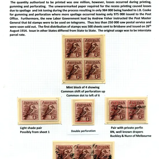 1914 6d kookaburra MLH block of 4 with minor ...