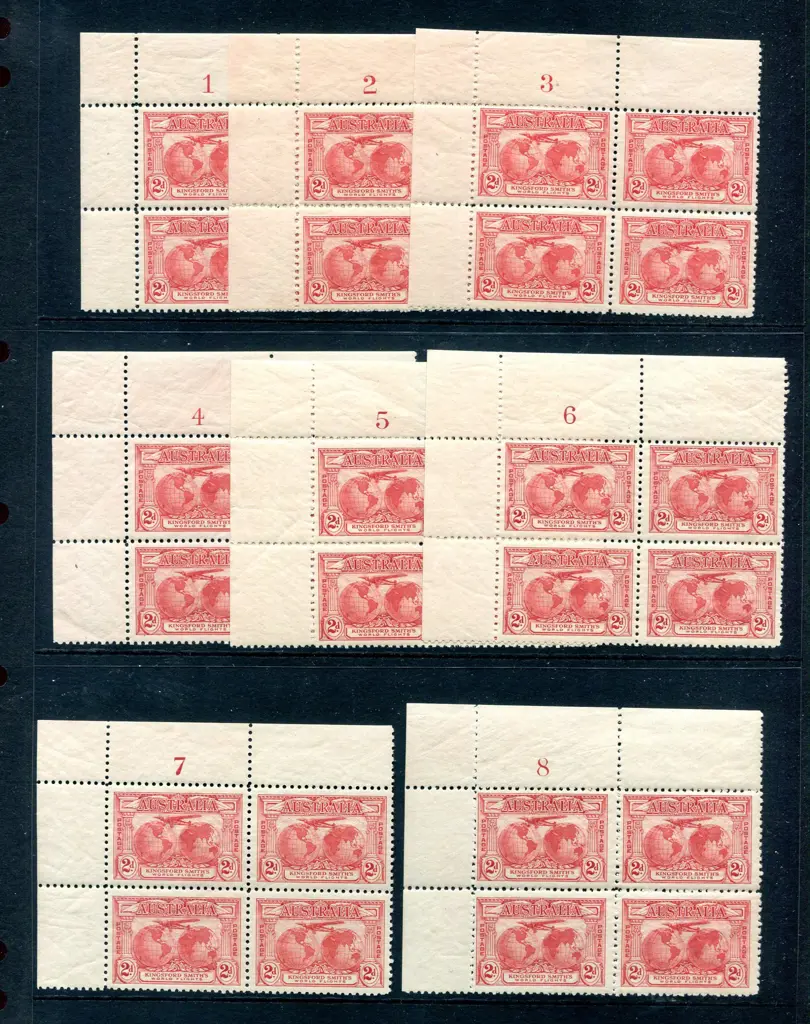 1931 2d Kingsford Smith in 1-8 plate number blocks ... Image 1++