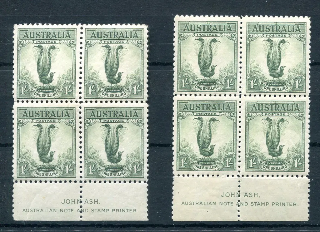1932 1/- lyrebird in John Ash imprint blocks of 4 ... Image 1++