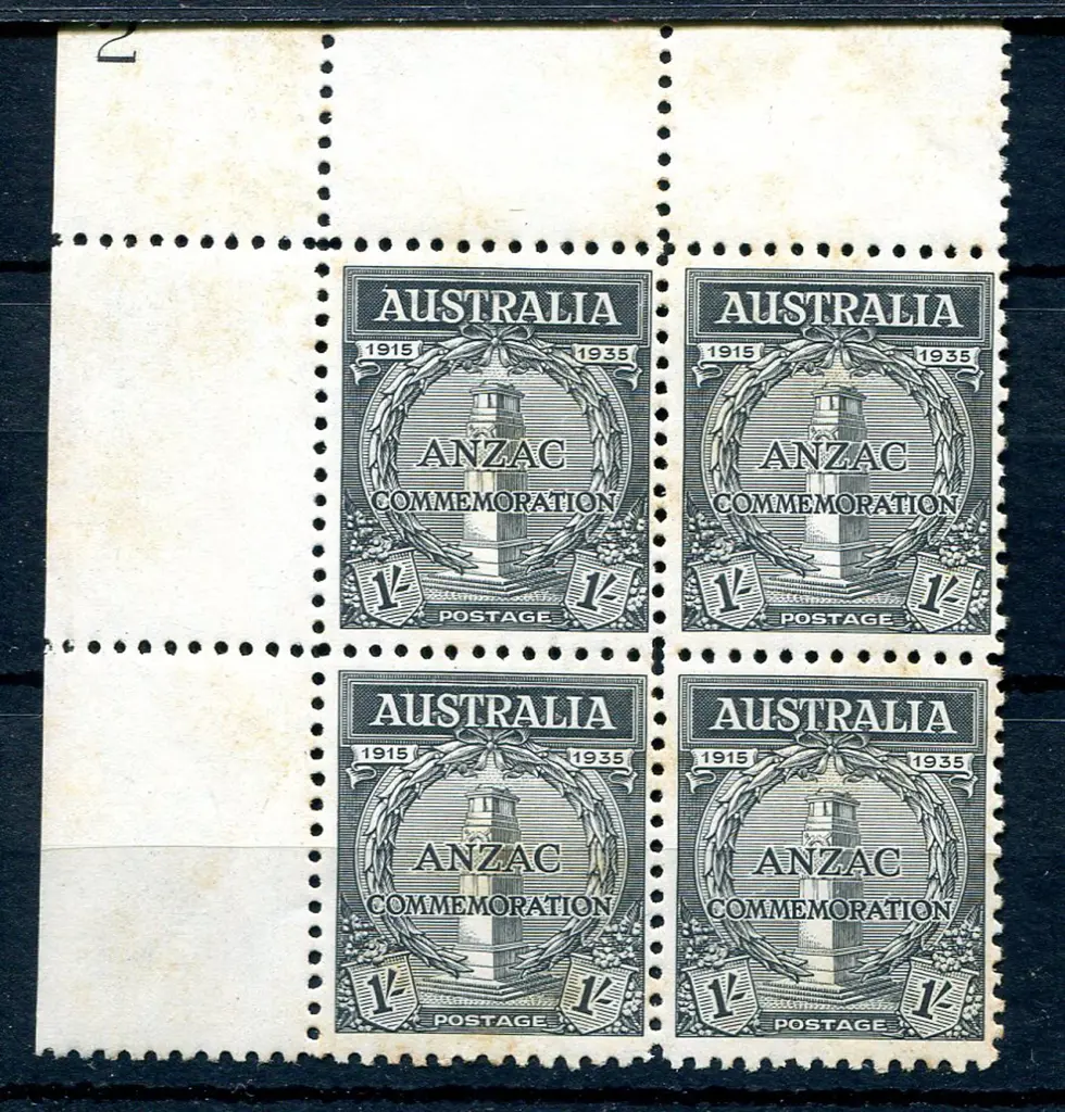 1935 1/- Anzac Plate 2 block of 4. MUH but several ... Image 1++