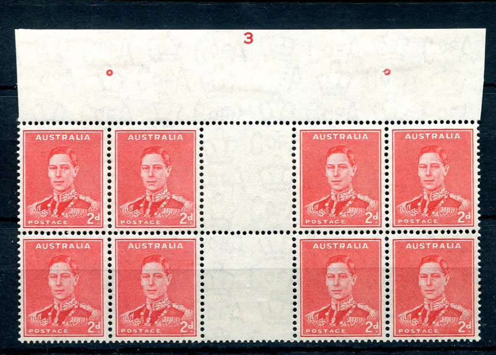 1938 2d scarlet KGVI in Plate 3 top centre ... Image 1++