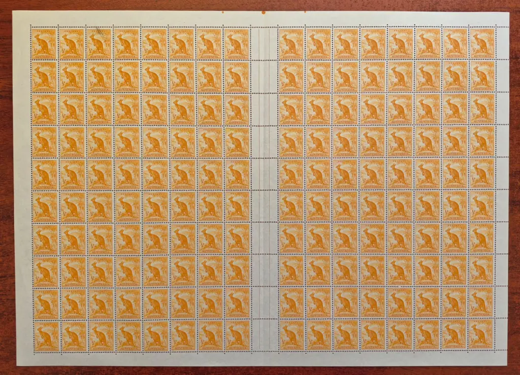 1949 ½d orange kangaroo, no wmk complete sheet of ... Image 1++