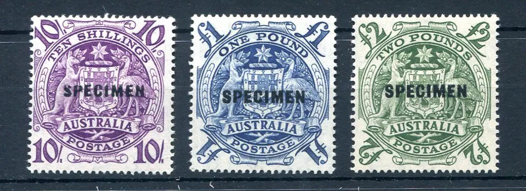 1949/50 Arms set of 3 ovptd "SPECIMEN". MUH, 10/- ... Image 1++