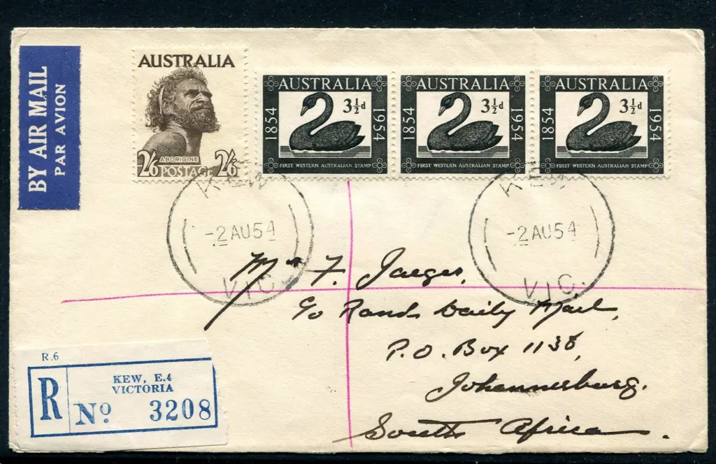 1954 (2nd Aug) 3½d  WA Stamp Cent strip of 3 on ... Image 1++