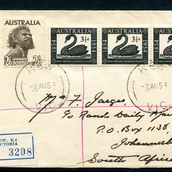 1954 (2nd Aug) 3½d  WA Stamp Cent strip of 3 on ...