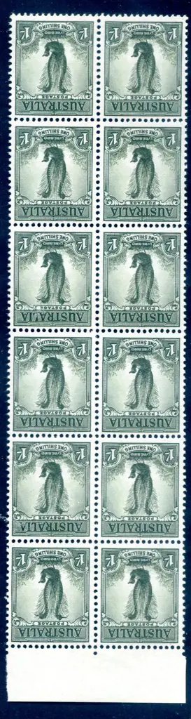 1956 1/- Lyrebird in vert top marginal block of 12 ... Image 1++