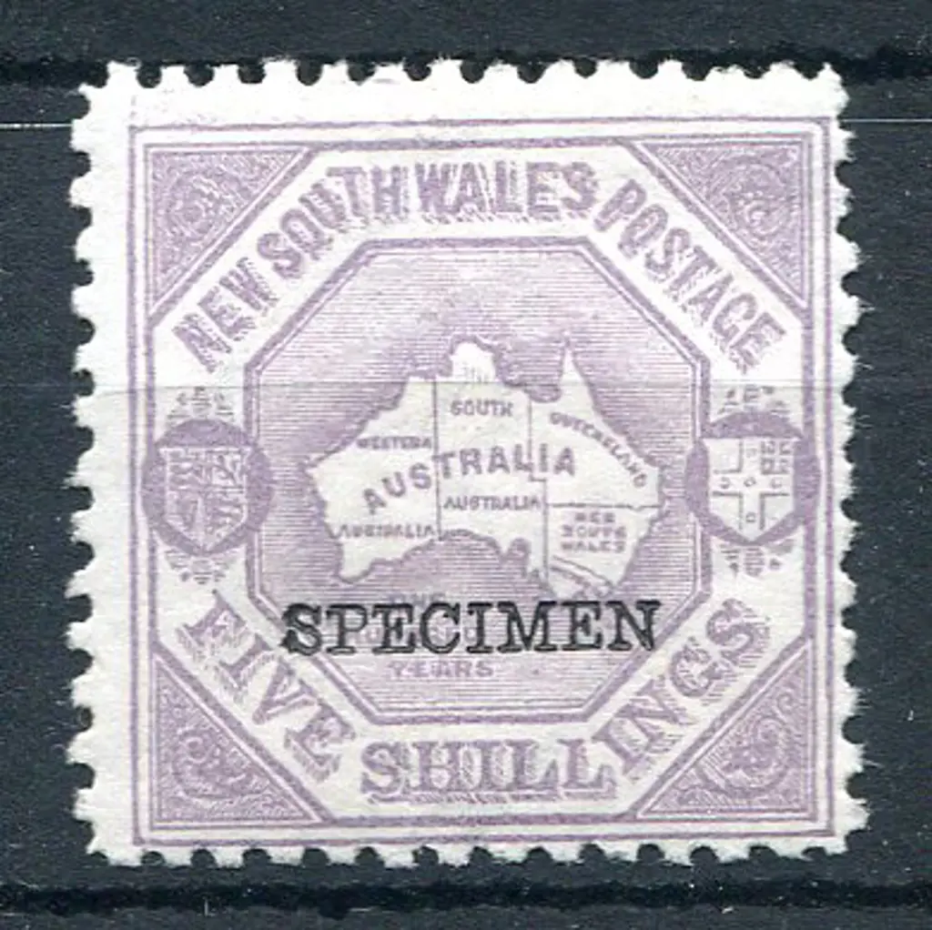 1890 5/- lilac map, perf. 10 ovptd "SPECIMEN". ... Image 1++