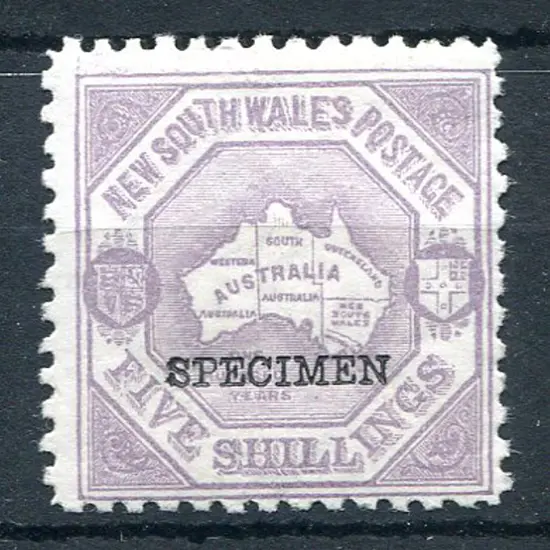 1890 5/- lilac map, perf. 10 ovptd "SPECIMEN". ...