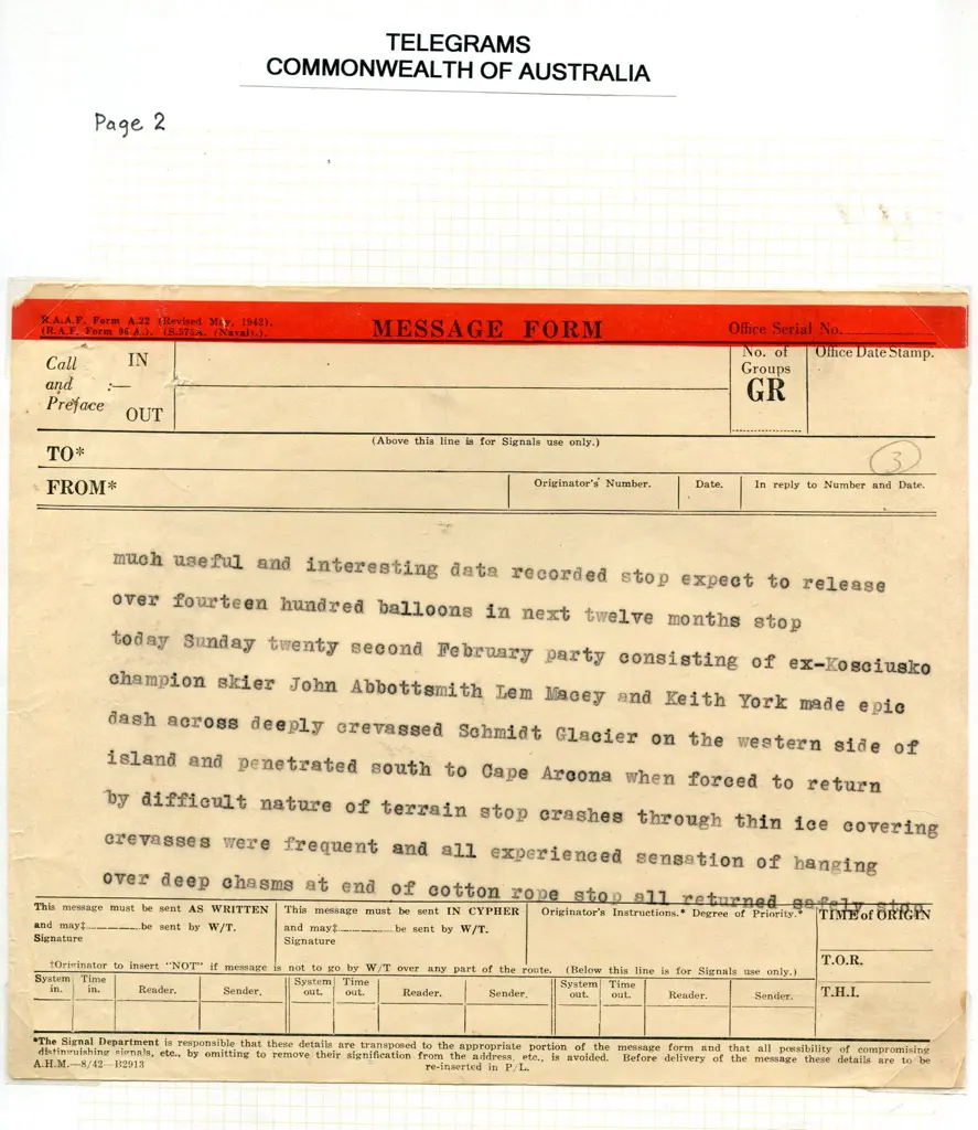 1948 (22nd Mar) 6 page Telegram from Heard Island ... Image 1++