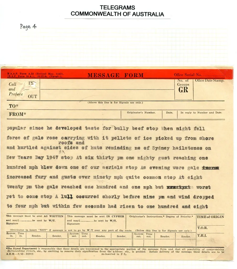1948 (22nd Mar) 6 page Telegram from Heard Island ... Image 1++