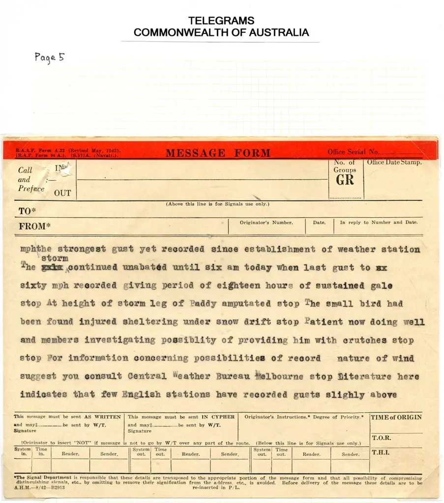 1948 (22nd Mar) 6 page Telegram from Heard Island ... Image 1++