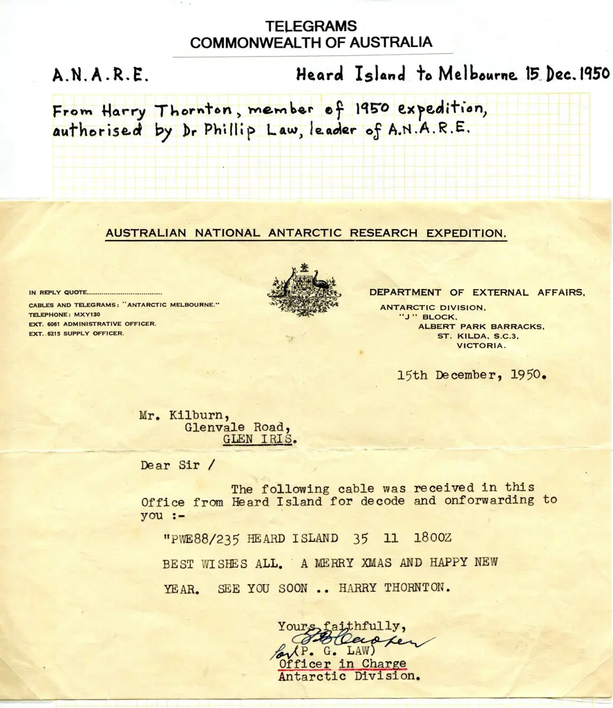 1948 (22nd Mar) 6 page Telegram from Heard Island ... Image 1++