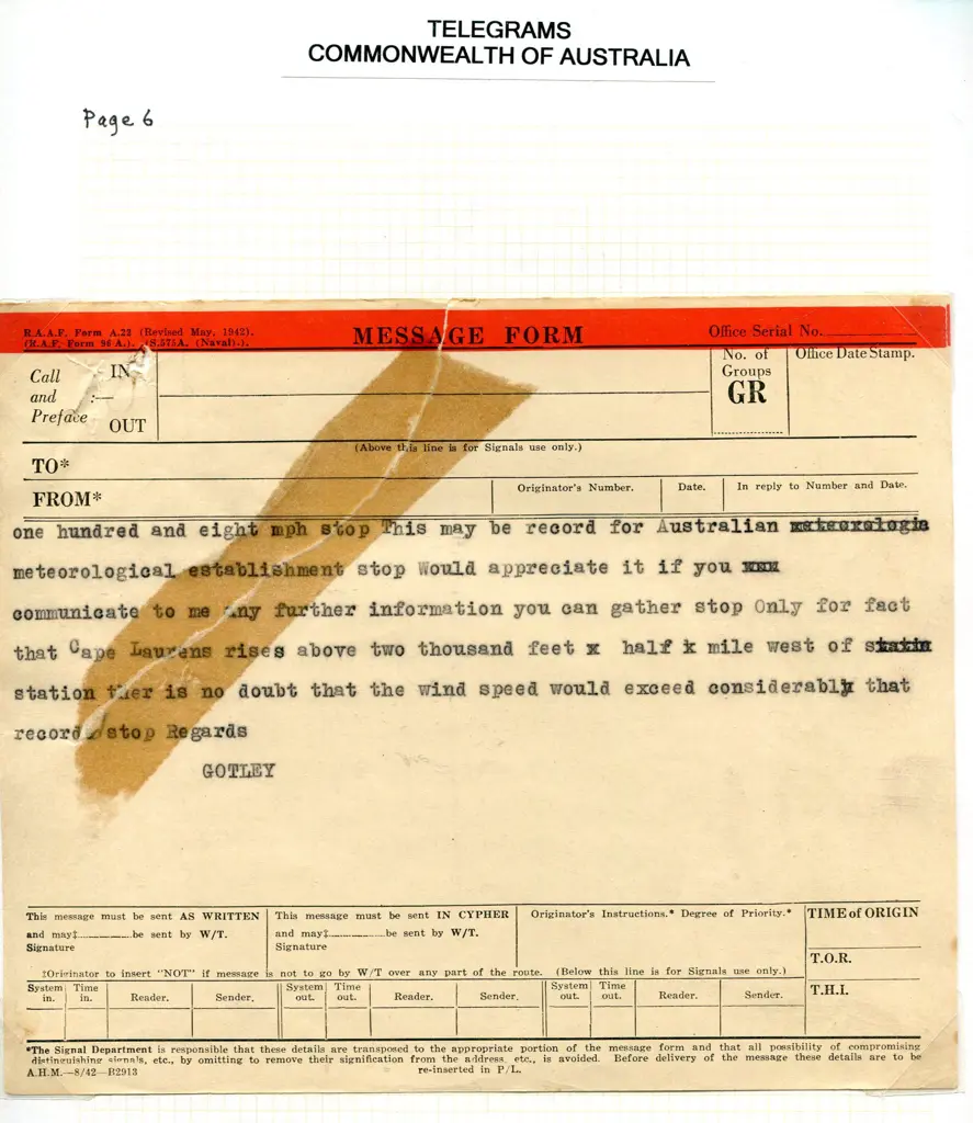 1948 (22nd Mar) 6 page Telegram from Heard Island ... Image 1++