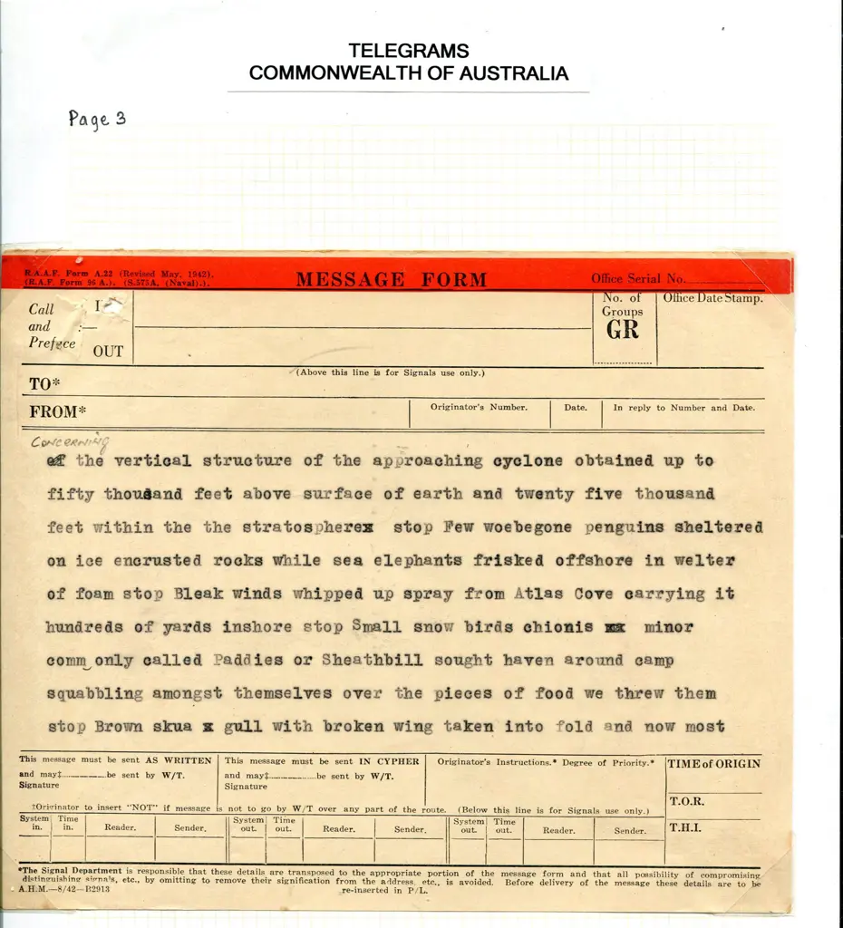 1948 (22nd Mar) 6 page Telegram from Heard Island ... Image 1++