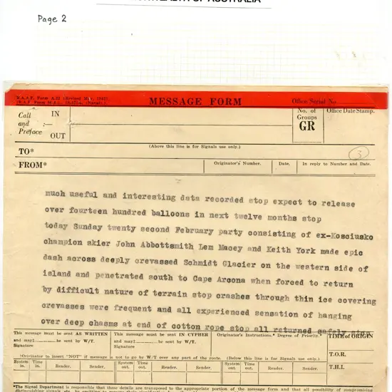 1948 (22nd Mar) 6 page Telegram from Heard Island ...