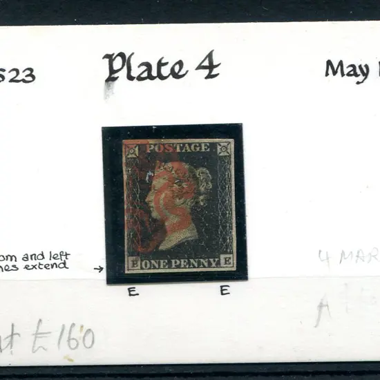 1840 1d black, plate 4 with 4 close margins & red ...