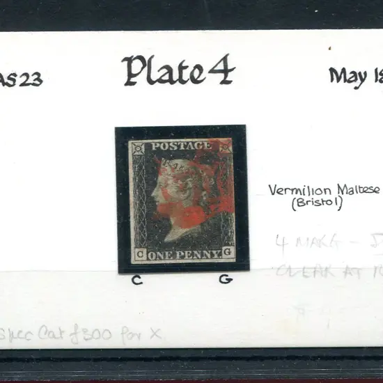1840 1d black, plate 4 with 4 margins, close at ...