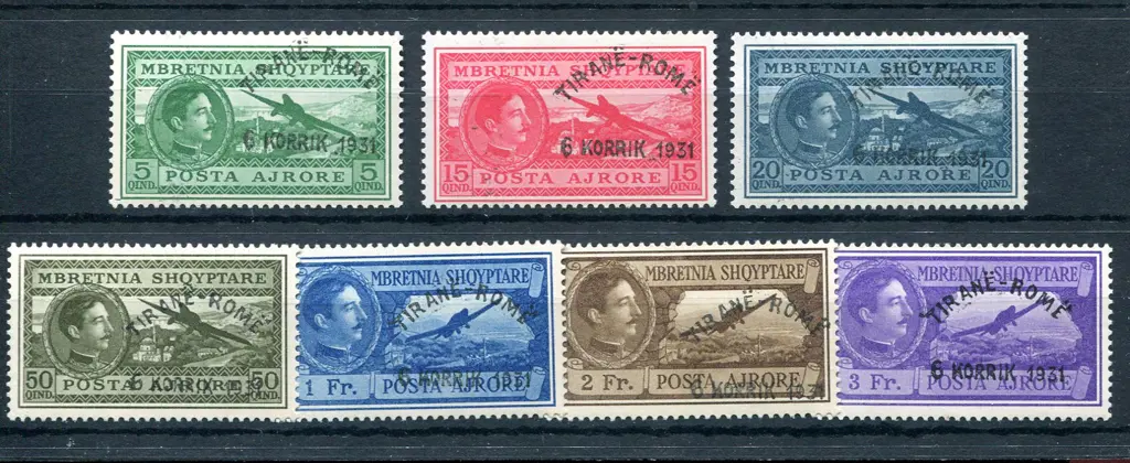1931 "TIRANE - ROME" Airmail ovpts to 3f. Fine ... Image 1++