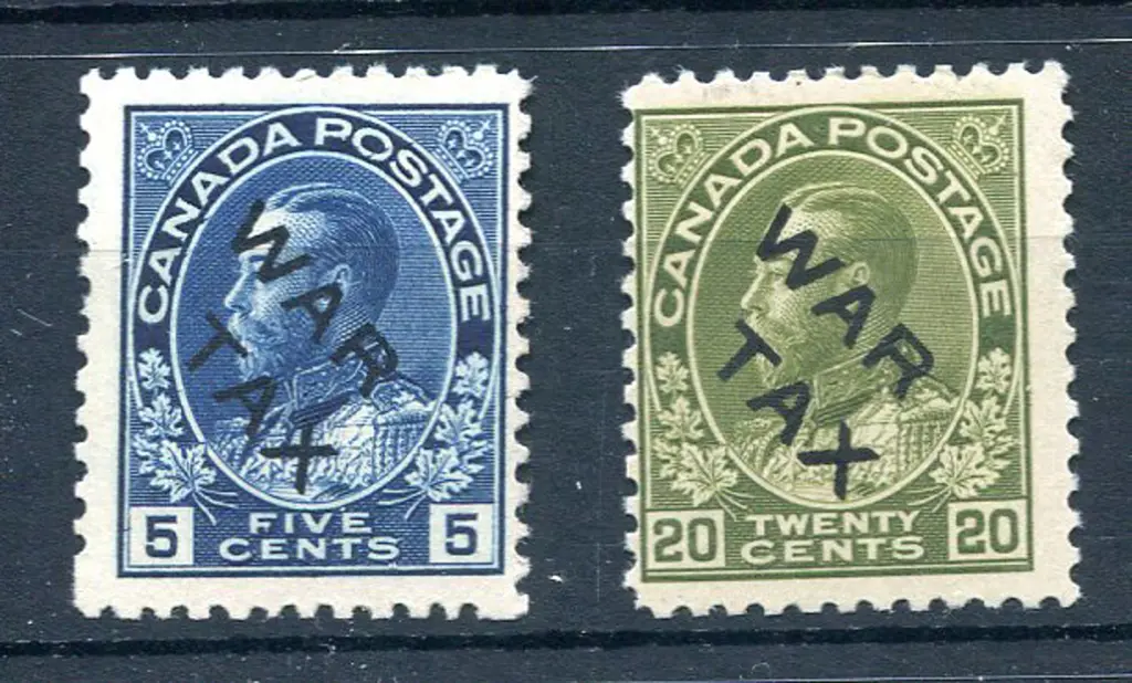 1915 5¢ blue & 20¢ olive-green ovptd "WAR TAX". ... Image 1++