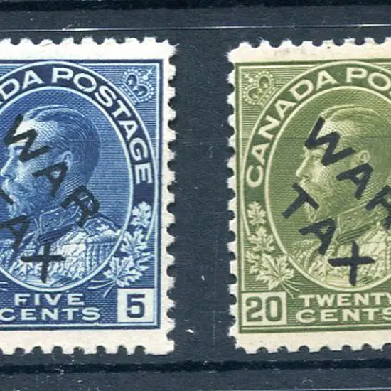1915 5¢ blue & 20¢ olive-green ovptd "WAR TAX". ...