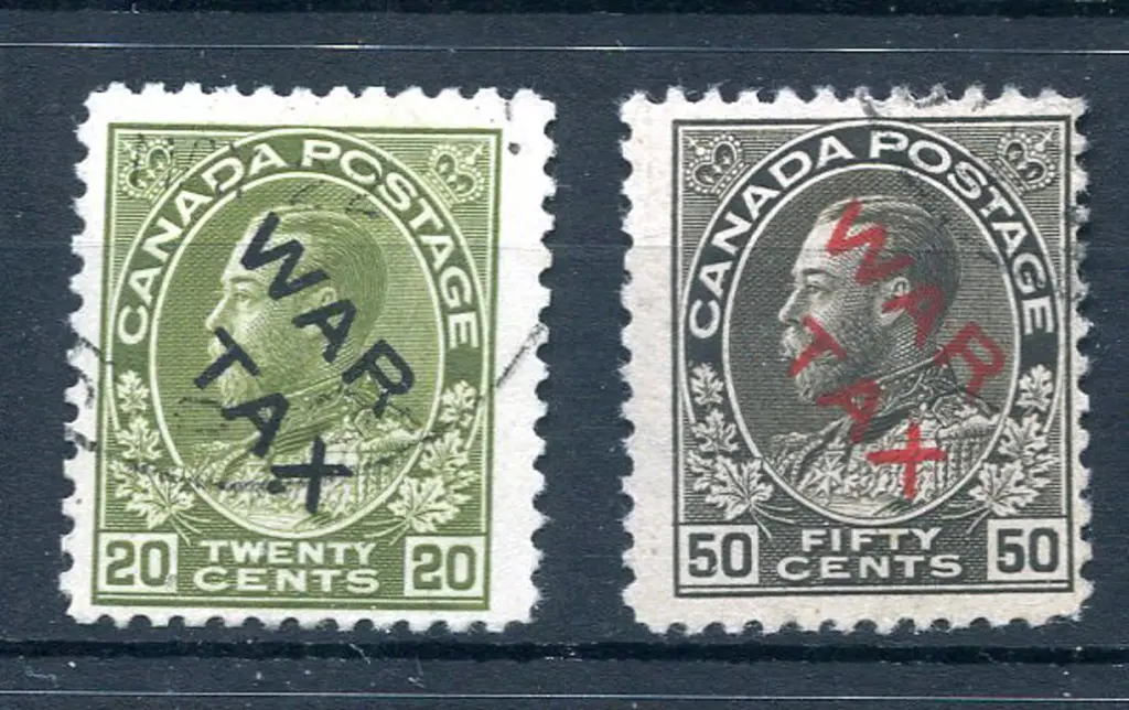 1915 20¢ olive-green & 50¢ sepia ovptd "WAR TAX". ... Image 1++