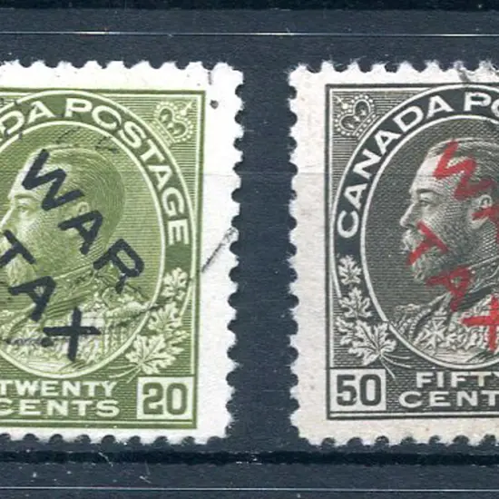 1915 20¢ olive-green & 50¢ sepia ovptd "WAR TAX". ...