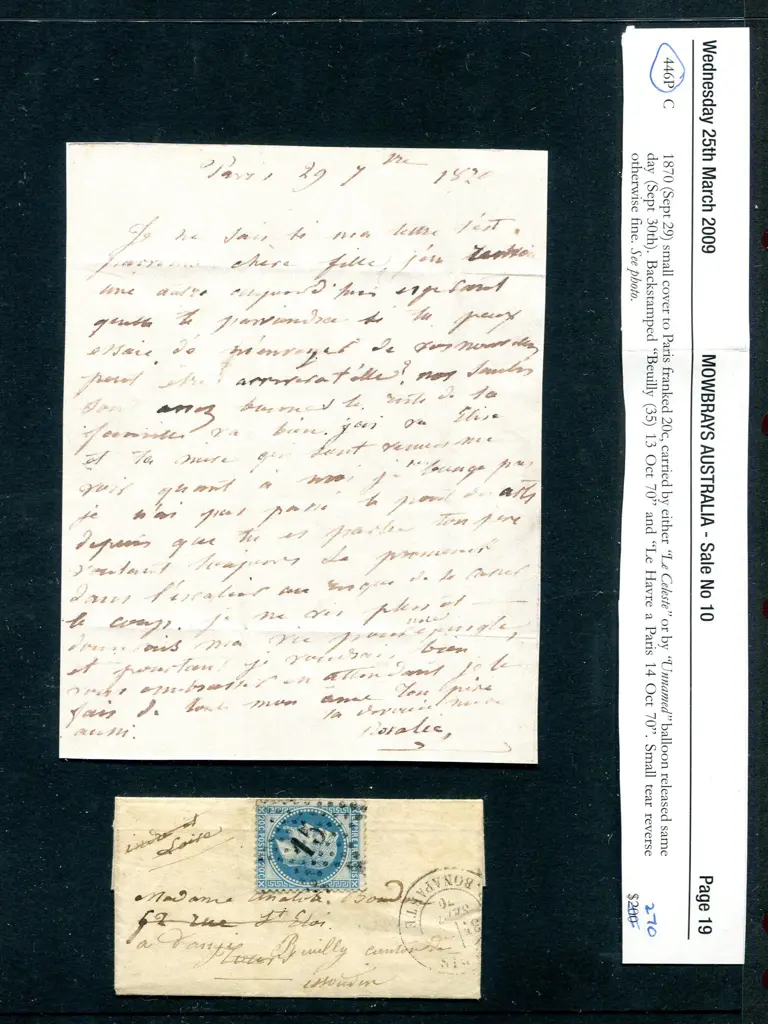 1870 (29th Sept) “Ballons Monté” balloon very ... Image 1++