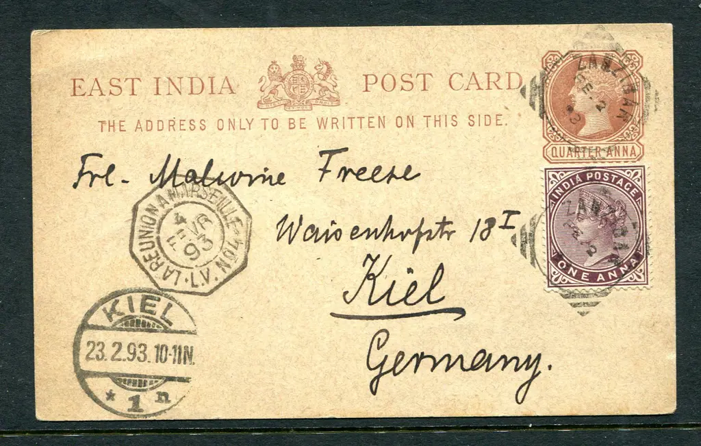 India 1893 ¼a Post Card uprated by 1a plum & tied ... Image 1++