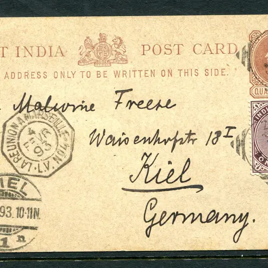 India 1893 ¼a Post Card uprated by 1a plum & tied ...
