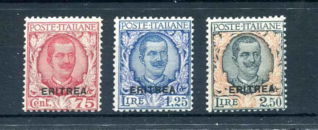 1926 "ERITREA" ovpts on 75¢, 1l25 & 2l50 Victor ... Image 1++