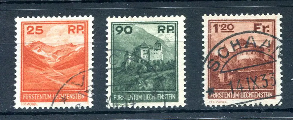 1933 25rp, 90rp & 1f20 scenes. Fine used with neat ... Image 1++