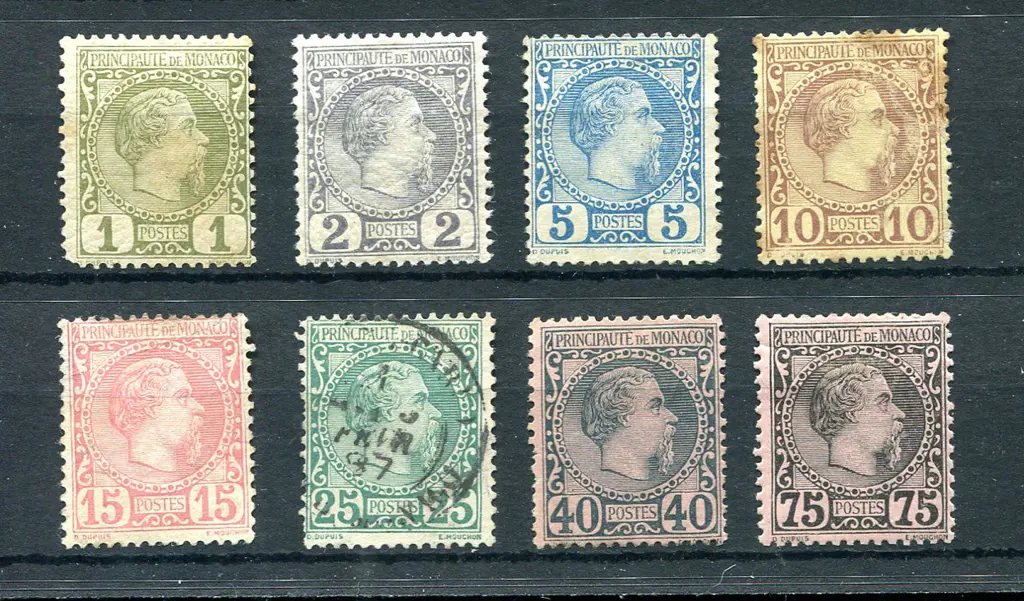 Monaco 1885 Prince Charles III set of 8. 1¢ toned, ... Image 1++