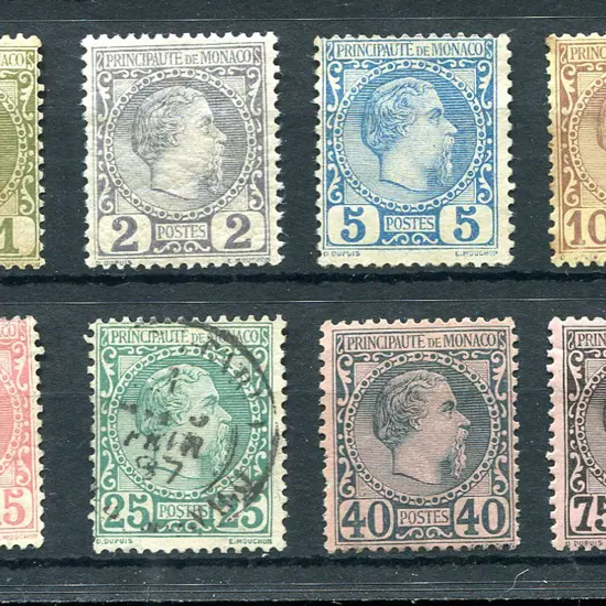 Monaco 1885 Prince Charles III set of 8. 1¢ toned, ...
