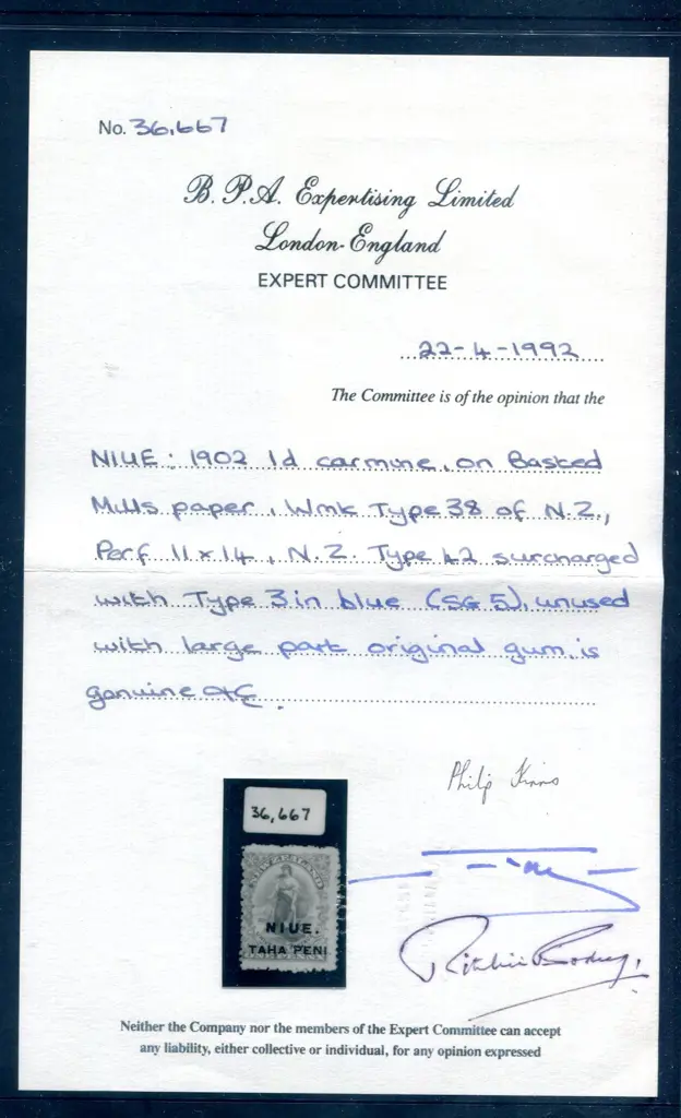 Niue 1902 1d carmine on Basted Mills paper with ... Image 1++