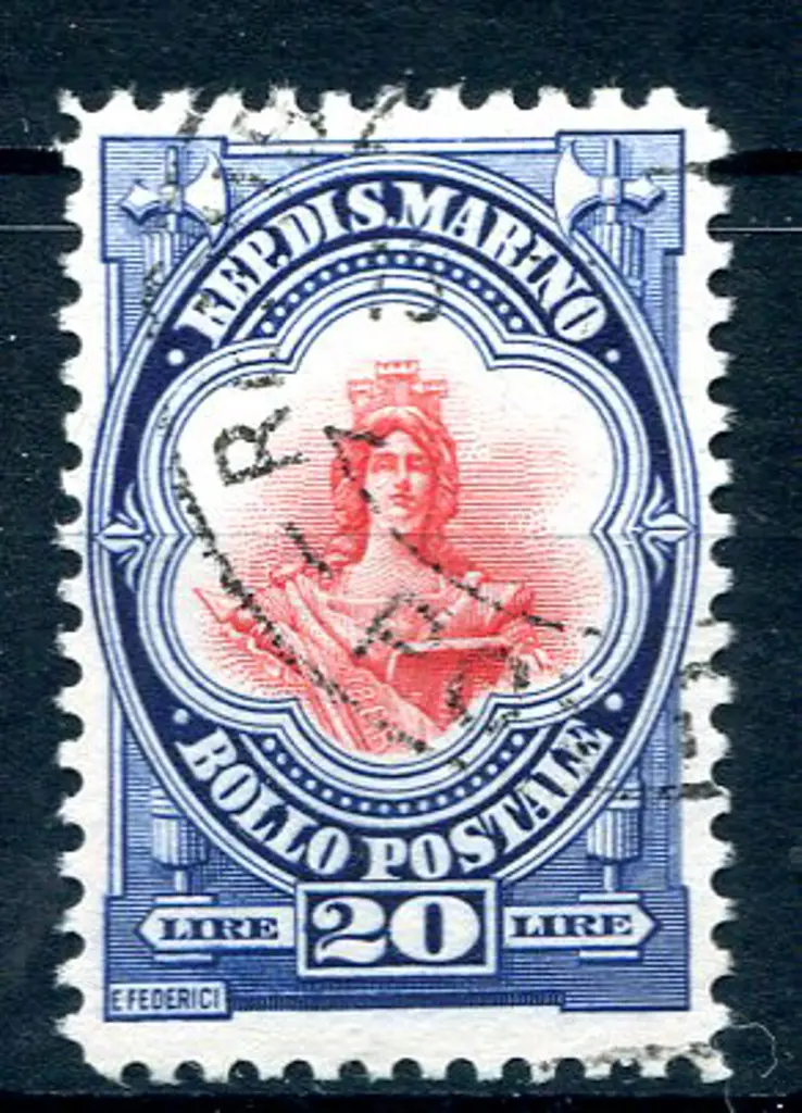 1929/35 20l red & blue. F/U & the useful top value ... Image 1++