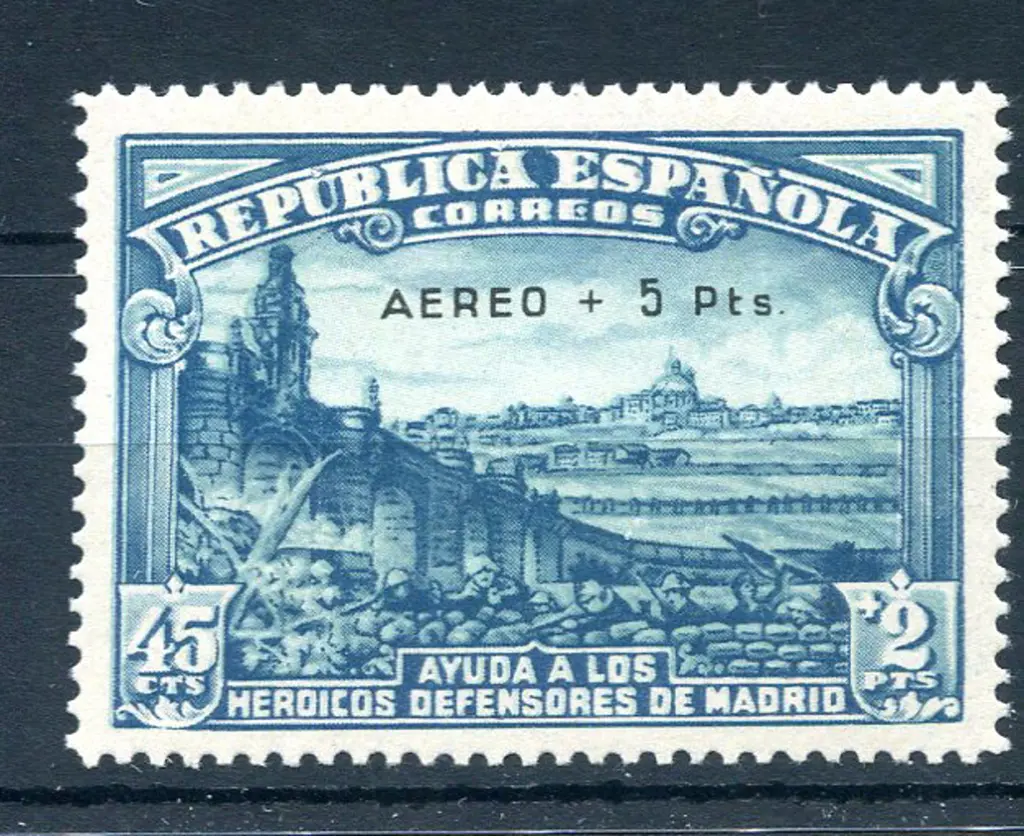 1938 45¢ + 2p Defence of Madrid ovptd "AEREO + 5 ... Image 1++