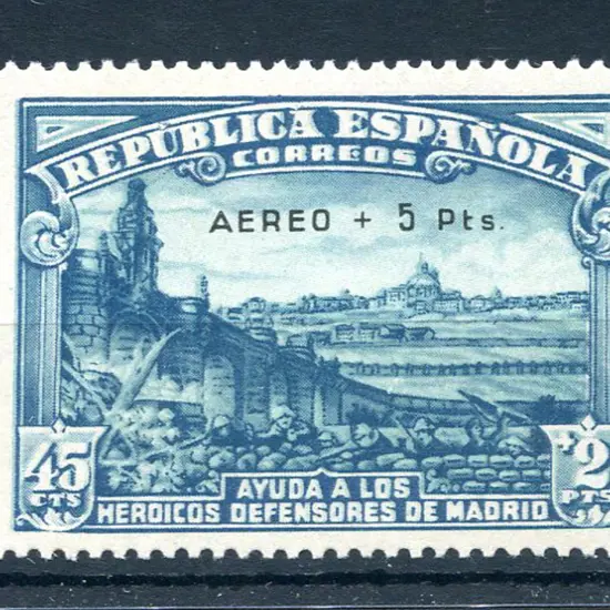 1938 45¢ + 2p Defence of Madrid ovptd "AEREO + 5 ...