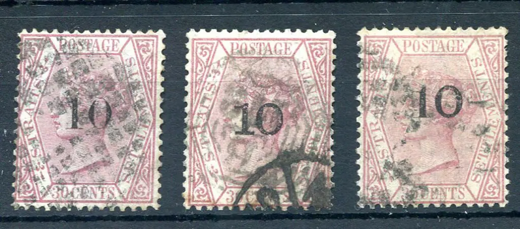 1880 "10" surcharges on 30c claret x 3 with ovpt ... Image 1++